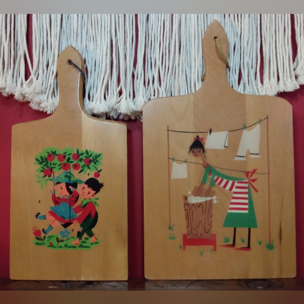 Vtg Nevco Lady W/Washtub & Alcco Kids Playing Decorative Cutting Board Lot Of 2